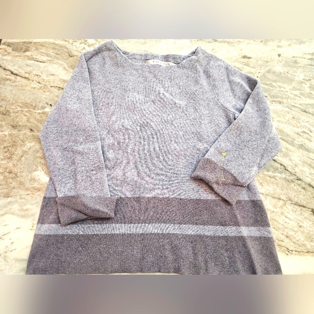 Max Studio Soft Knit Lightweight Sweater M Purple Gray Stripe 3/4 Sleeve Pullove